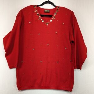 Vintage‎ Marshall-Rousso Embellished Red Knit Sweater Sparkly Rhinestone Party M